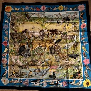 Hermes 90cm Blue "La Vie Sauvage du Texas," by Kermit Oliver Silk Scarf